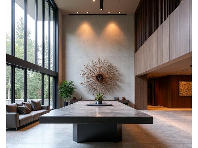 넓은 공간에 웅장하게 배치된 대형 금속 오브제 가구