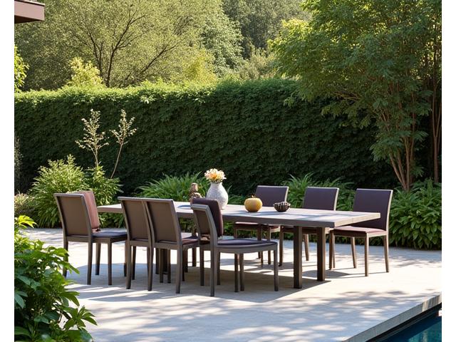 견고한 금속 야외 테이블과 의자가 있는 정원