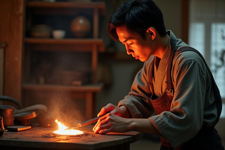 전통 단조 기술로 닳아버린 금속 부품을 복원하는 장인의 모습