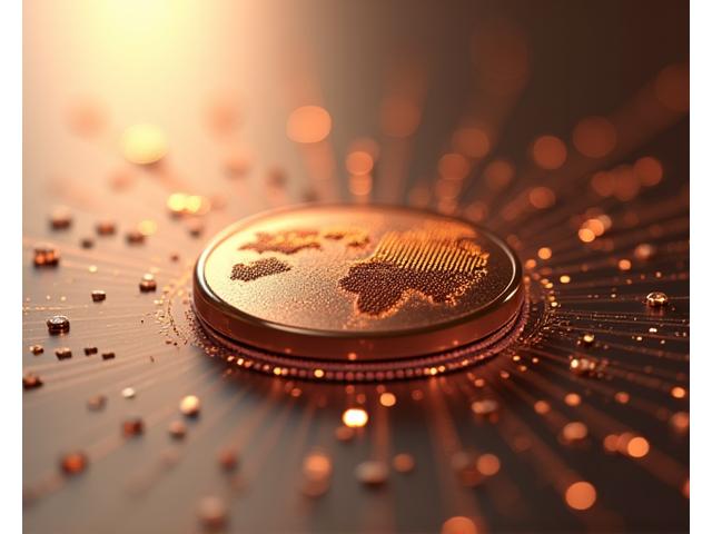 청동색 금속 웹 아이콘과 정보 흐름을 상징하는 추상적 배경